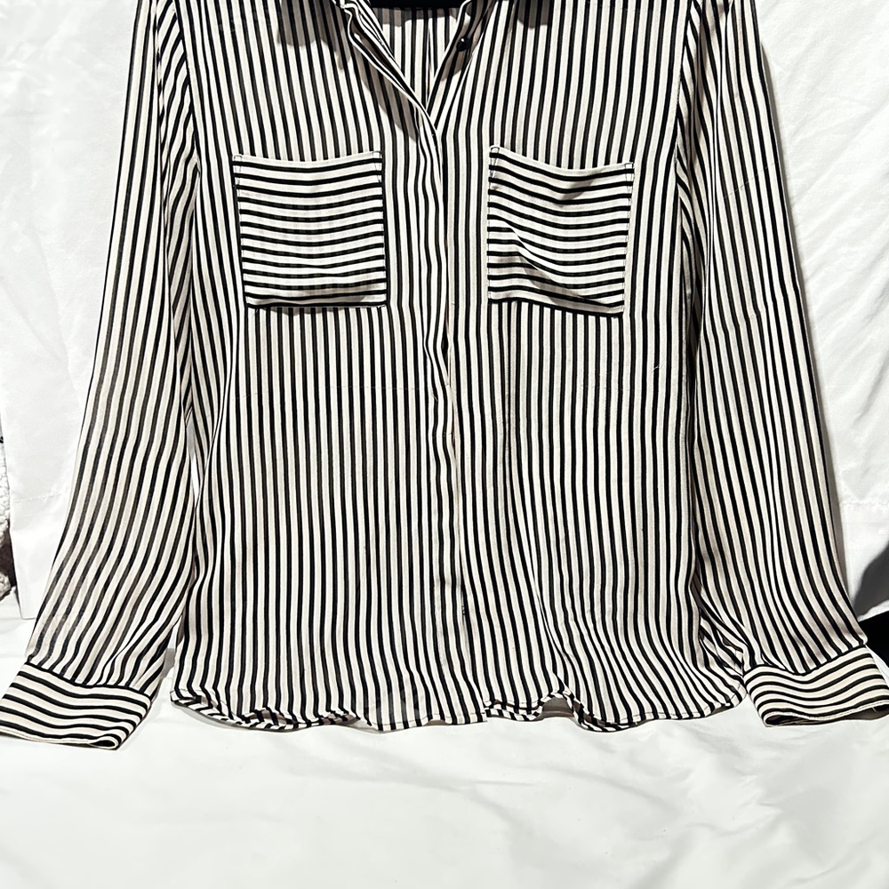 LOFT Black and Tan Sheer Striped Button Down Shirt